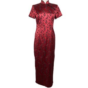 Jessica Howard Dress Womens 12 Red Floral Butterfly Jacquard Cheongsam Maxi 90s‎